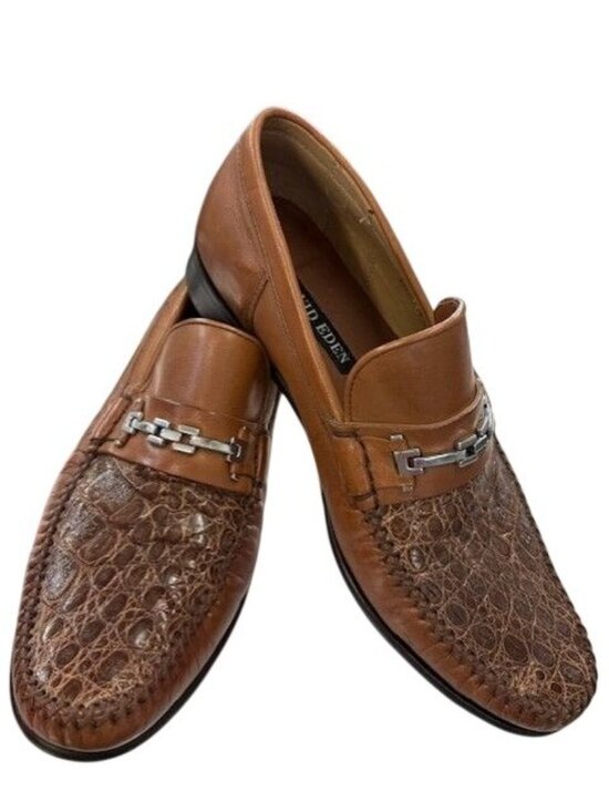 David Eden Other - David Eden Mens Tan Leather & Crocodile Embossed Loafers Size 8 Handmade Slip-On